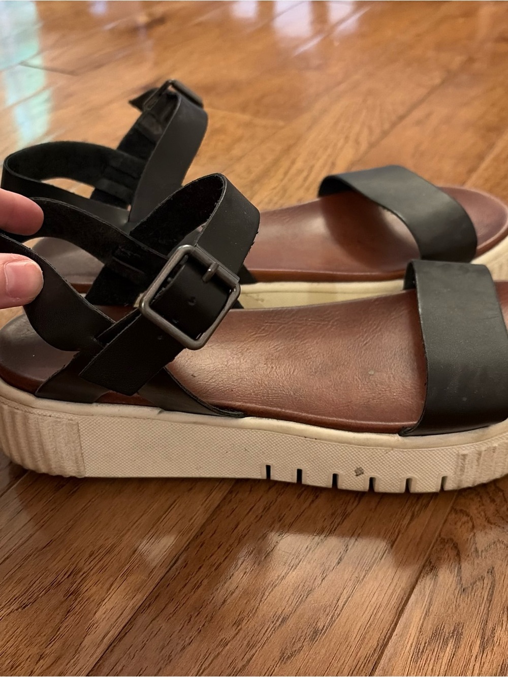 MIA Black Leather Double-Strap Platform Sandals with White Sole